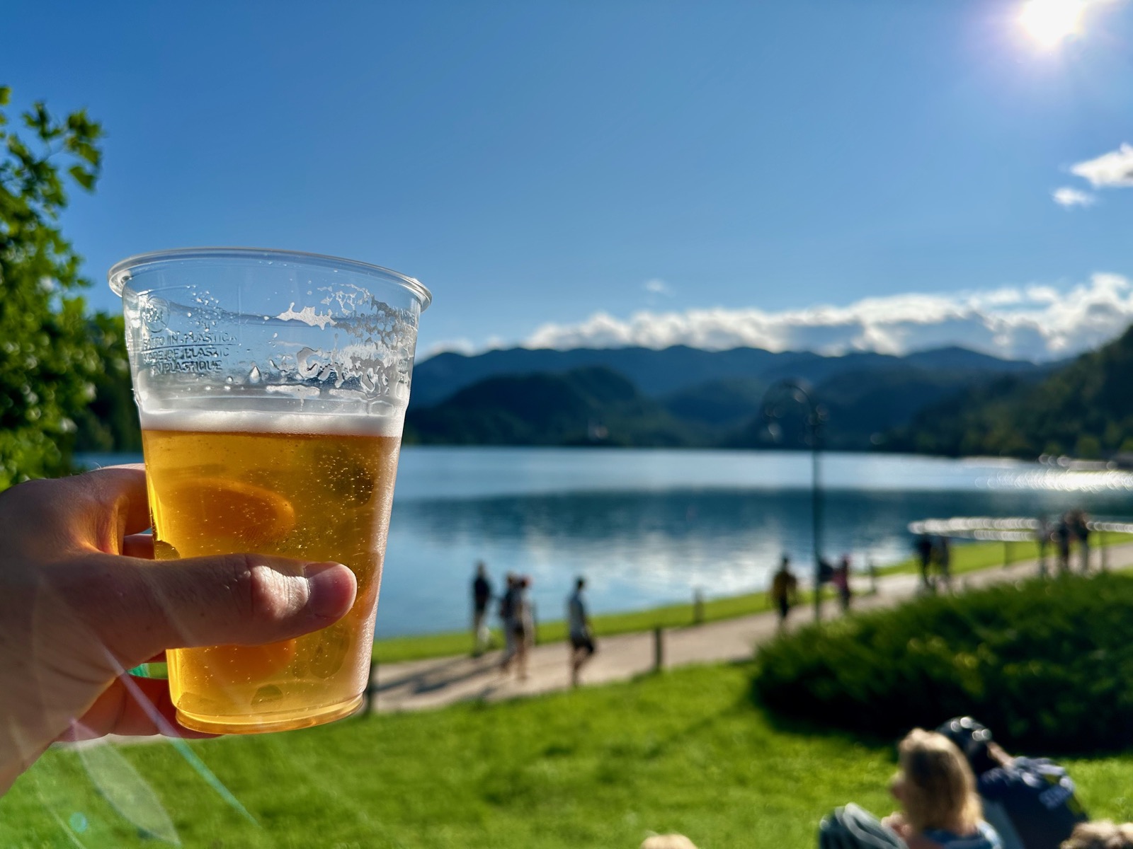 Clear plastic cup with golden liquid, hand holding it, grassy area, lake, mountains, people walking.