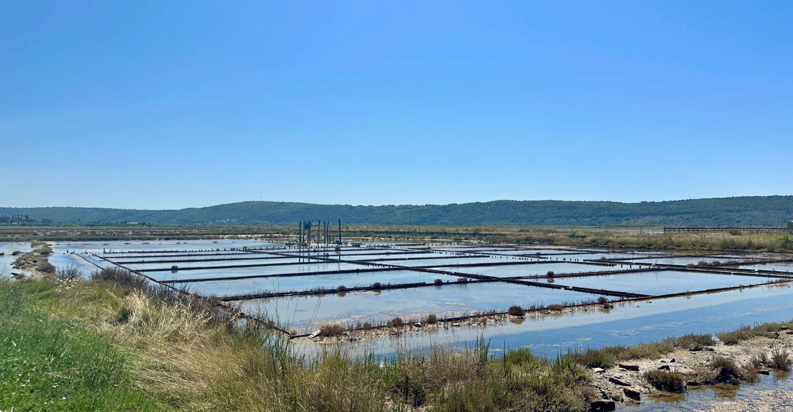 Rectangular pools of water with dark borders under a blue sky.